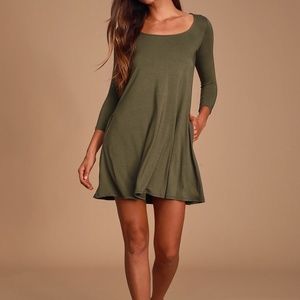 Lulu's Long Sleeve Olive Green Swing Dress